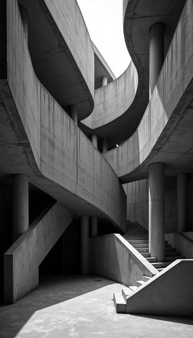Monumentale Sichtbetonwege und Treppen in einer brutalistischen Architektur