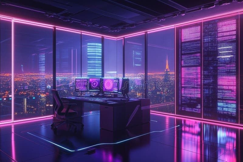 Futuristisches Büro mit Monitoren und Neonlichtern über einer nächtlichen Stadt