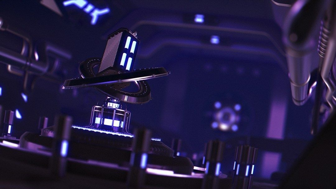 Dunkler Science-Fiction-Raum mit schwebendem, blau beleuchtetem Gerät